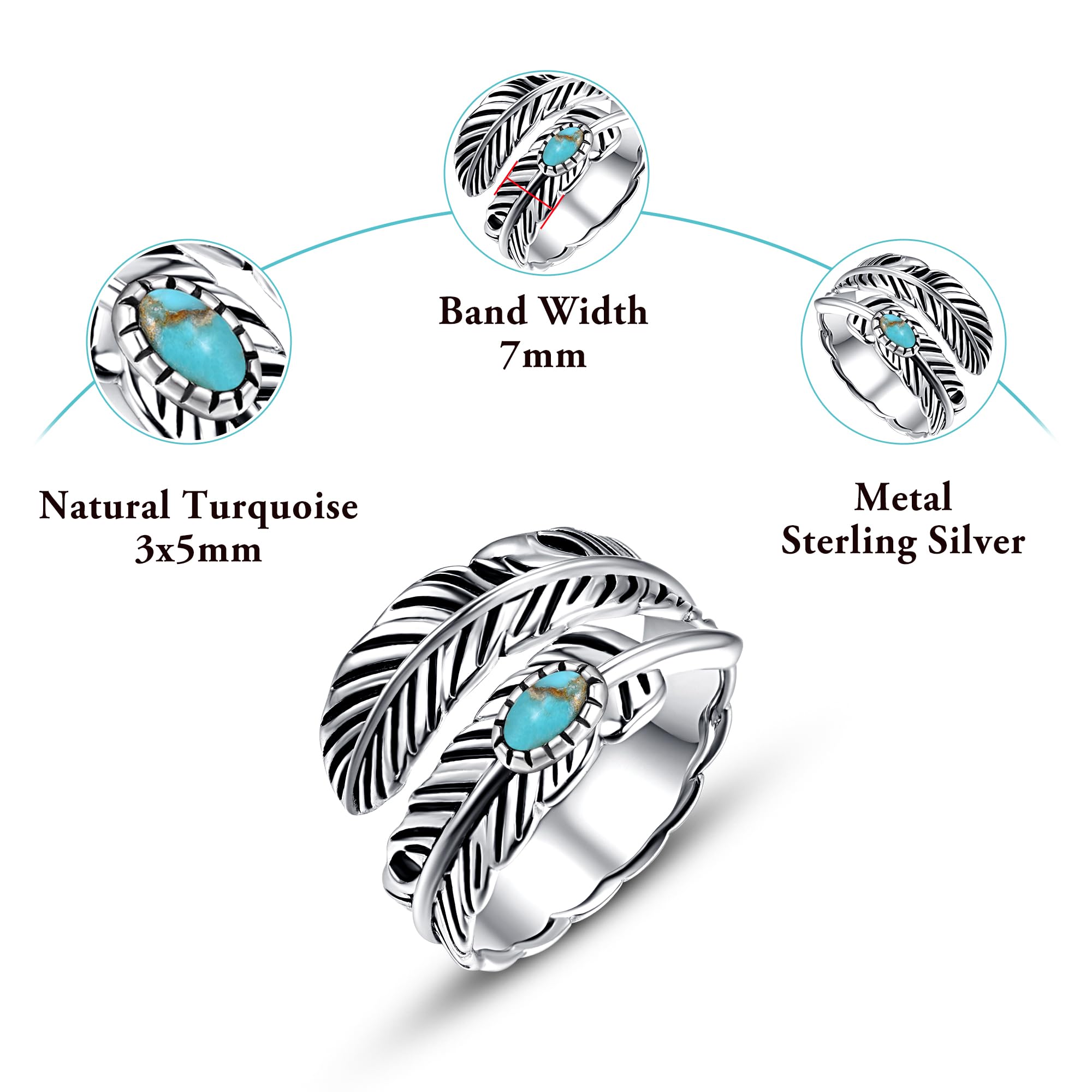 AVECON Sterling Silver Feather Ring with Black Onyx & Turquoise - Adjustable Stacking Vintage Statement Ring for Women & Men