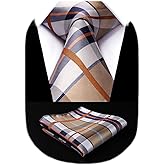 HISDERN Ties for Men Silk Extra Long Tie and Pocket Square Classic Plaid Checkered 63 inches Men's Neckties Business