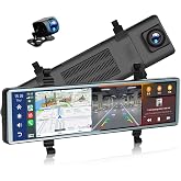 Mirror Dash Cam with Wireless Apple Carplay&amp;Android Auto,11.26" Voice Control Rear View Mirror 1080P Front and Rear View Dual Cameras,FM Transmitter,Night Vision,Parking Assistance, WDR,Loop Recording