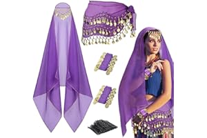 GZJINYUAN 4Pcs Belly Dancer Outfit Sets, Chiffon Head Scarf,Belly Dance Hip Scarf, 2 Coin Wrist Bracelets, 50 Bobby Pins