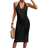 BreathSunny Womens Crochet Slim Fit Beach Dresses Summer 2025 Backless Halter Deep V Neck Bathing Suit Cover Up Midi Dress