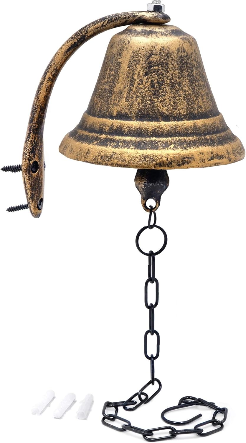 HTTMT- Upstreet Outdoor Dinner Bell For Ranch House Family Front Door Interior Exterior D&eacute;cor | Wall Hanging Mount Heavy Cast Solid Iron Decoration Gold Small (H: 3.5" x W: 4.5") [P/N: ET-BELL002-S]