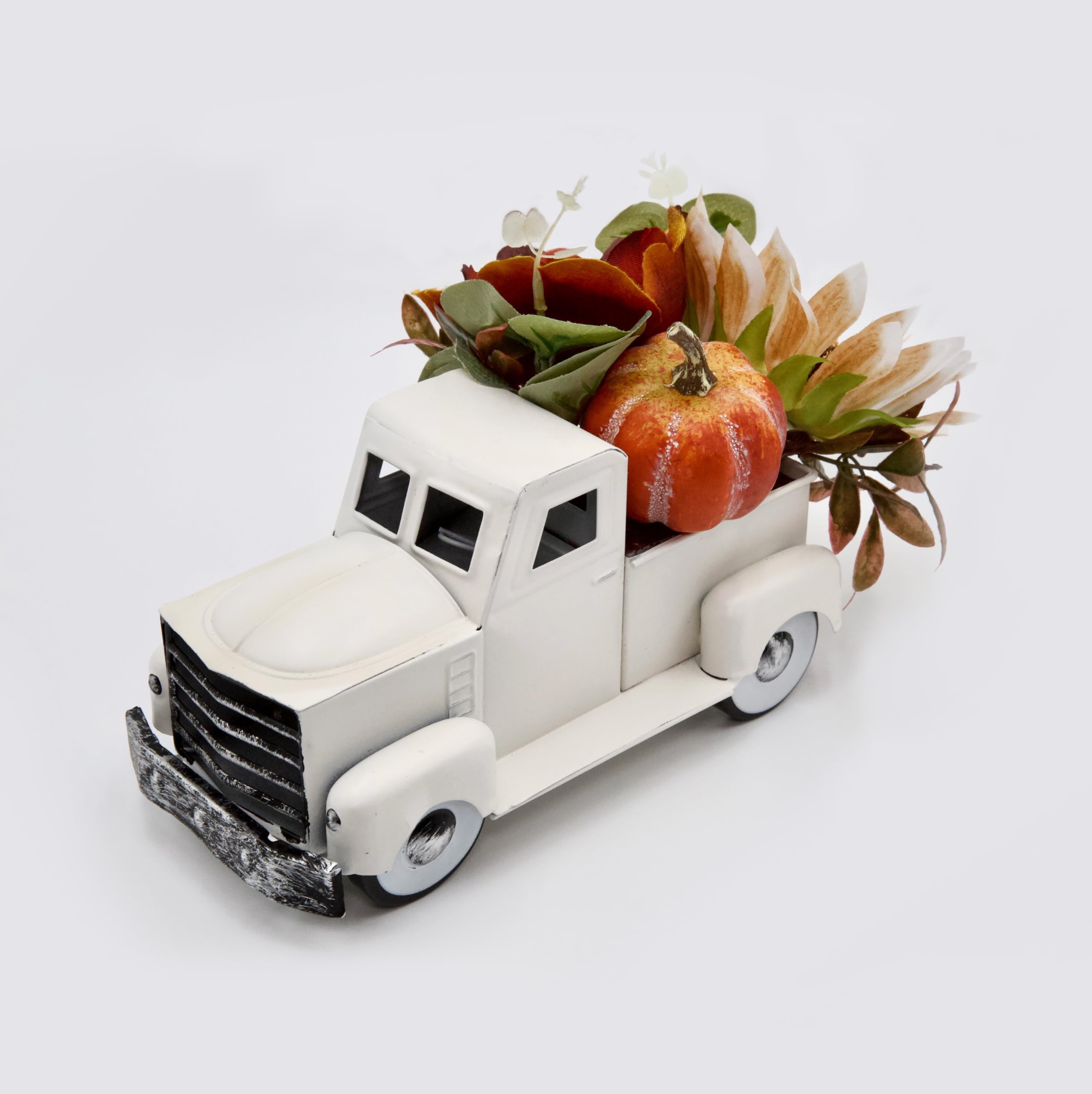 Vintage Small White Truck Decor with Fake Plants, Metal Truck with Pumpkin, Sunflower, Peony Rustic Fall Decor for Home Coffee Table, Shelf, Tiered Tray, Windowsill, 8 inch