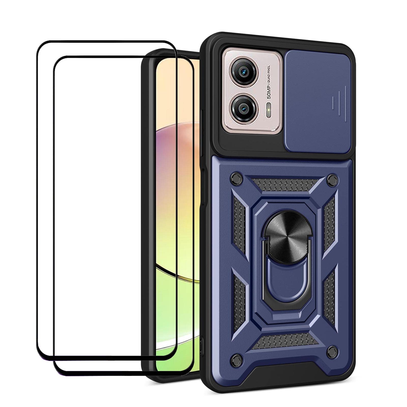 MMlife for Motorola Moto G53 5G / Moto G23 / Moto G13 Case with Camera Cover and Stand Kickstand Ring with Tempered Glass Screen Protector [2 pieces],Military Grade Shockproof Protective Cover, Blue