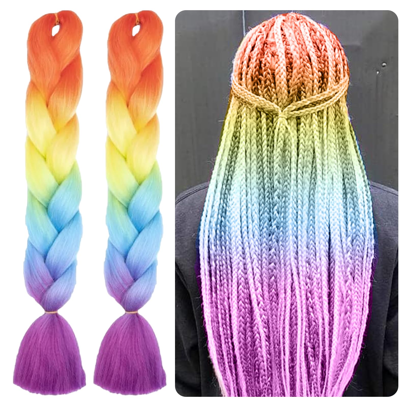 Leogony 2PCS 4 Tone Hair Extensions for Braiding, Fake Braids Hair, Orange Yellow Blue Fuchsia Coloured Synthetic Wig โ image 1