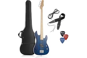 Davison Guitars Guitars 4-String Electric Bass Guitar, Blue - Full Size Right Handed Beginner Kit with Gig Bag and Accessories
