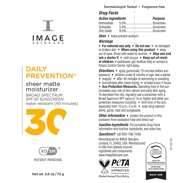 IMAGE SKINCARE DAILY PREVENTION SHEER MATTE MOISTURIZER, SPF 30 BROAD SPECTRUM SUNSCREEN FOR SHINE CONTROL, 2.6 OUNCES