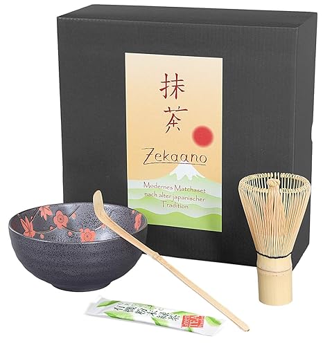Matcha-Set 3-teilig, 250ml anthrazit rot, bestehend aus Matcha-schale, Matcha-löffel und Matcha-besen (Bambus) in Geschenkbox
