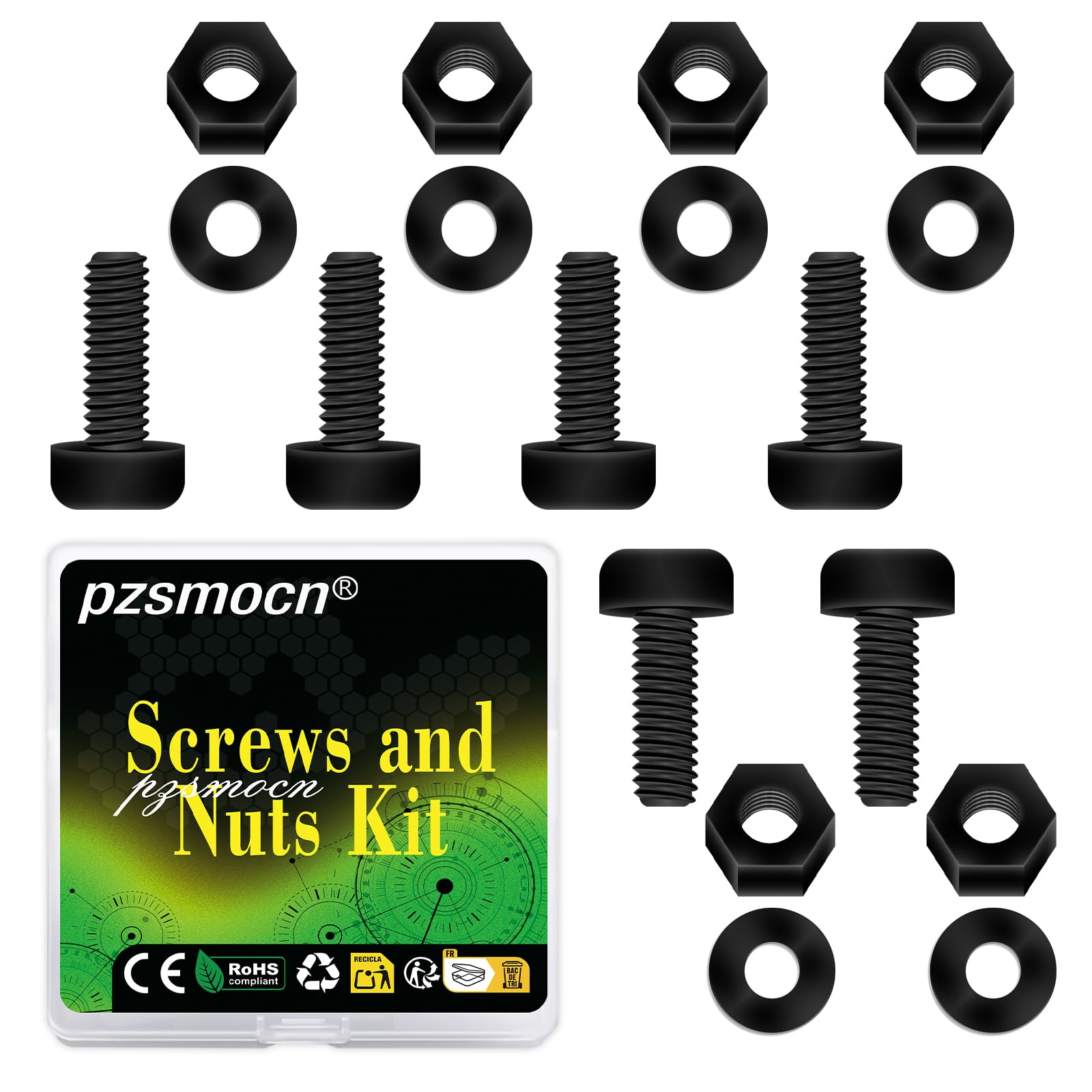 Pzsmocn 300 Pieces/100 Sets M2*10 mm Plastic Black Nylon Cross Round Head Screw Hexagonal Nut Combination Kit, with Insulating Washers, Standard Size, For DIY and Electronic Assembly. — image 1
