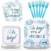 96Pcs Baby Sprinkle Decorations for Boy Disposable Blue Sprinkle Party Plates and Napkins Square Donuts Paper Tableware Set for Boys Donuts Theme Baby Shower Party Decorations Serves 24