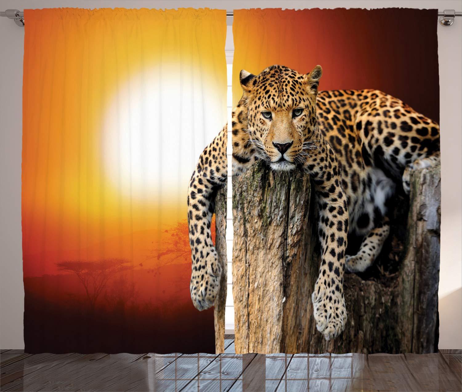 ABAKUHAUS Safari Curtains, Leopard Sitting on Dry Tree at Sunset Danger in the Air Big Cat with Spotted Form, Living Room Bedroom Window Drapes 2 Panel Set, 69 W X 110 L, Brown Orange — image 1