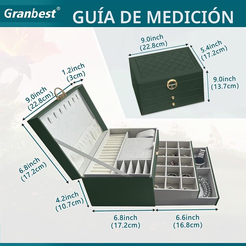 Caja de Joyería de 3 Capas con 2 Cajones, Elegante Organizador de Joyas, Estuche de Almacenamiento de Joyas de Cuero Ideal para Collares, Pulseras, Anillos y Pendientes (Verde Oscuro) — foto 6 de 7