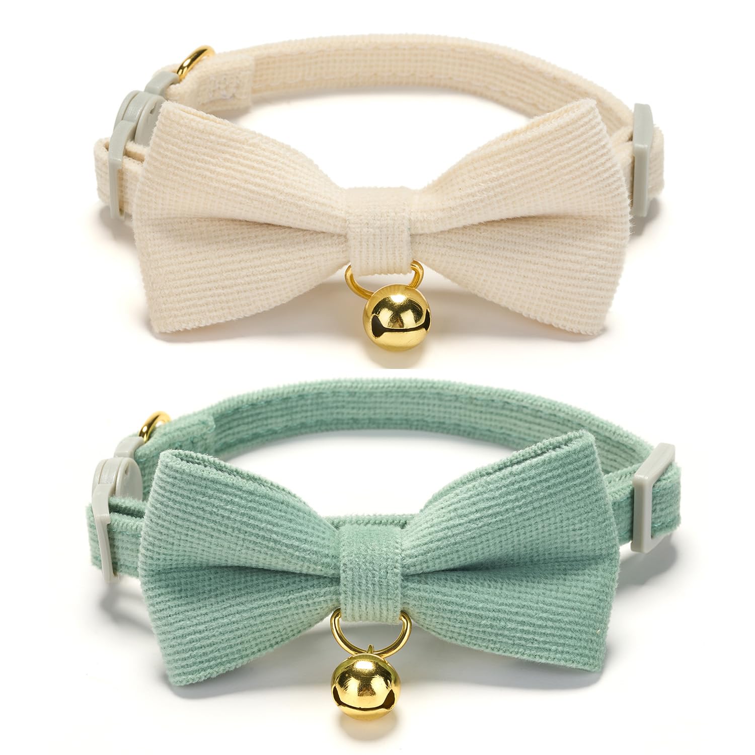 Petiry Soft Corduroy Cat Collars - Breakaway Kitten Collars with Removable Bow Ties & Gold Bells,Pack of 2,Sage Green+White — image 1
