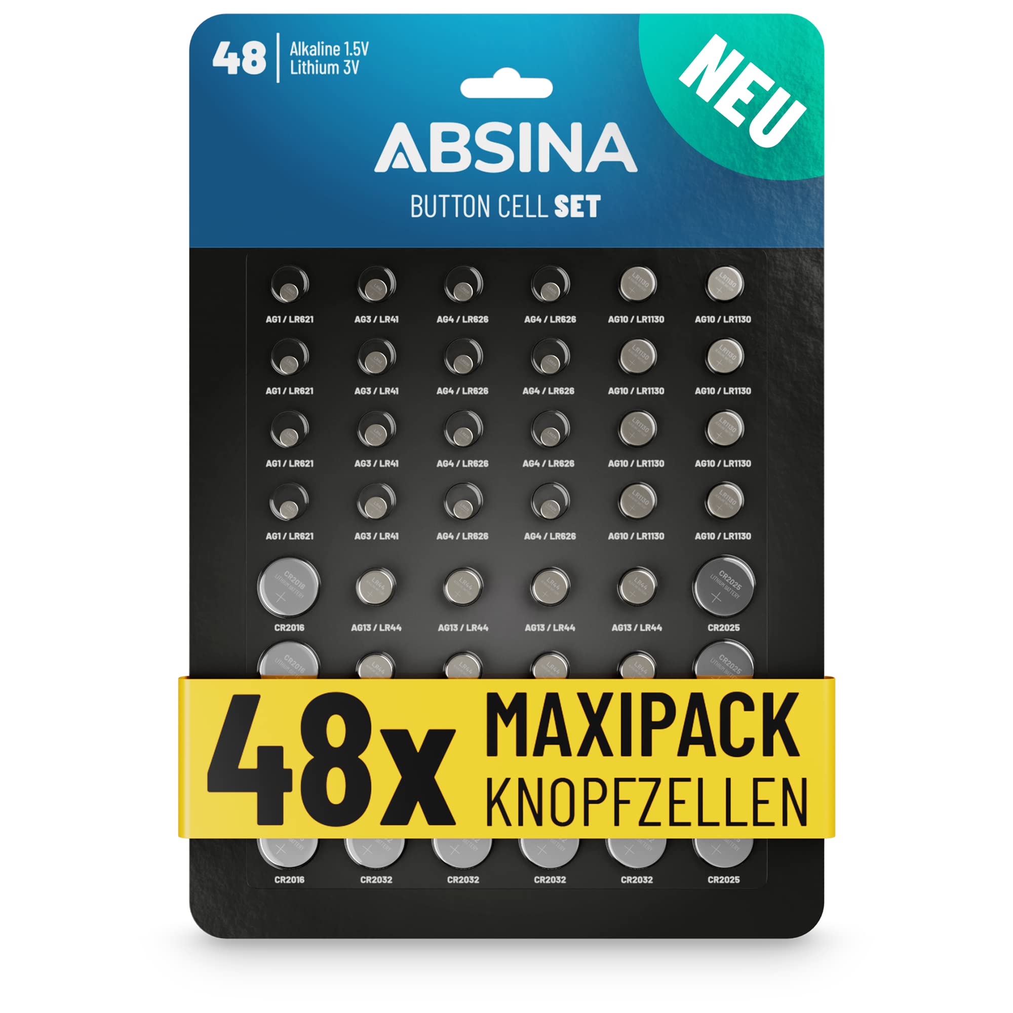 ABSINA 48er Pack Alkaline & Lithium Knopfzellen - Knopfzelle Sortiment