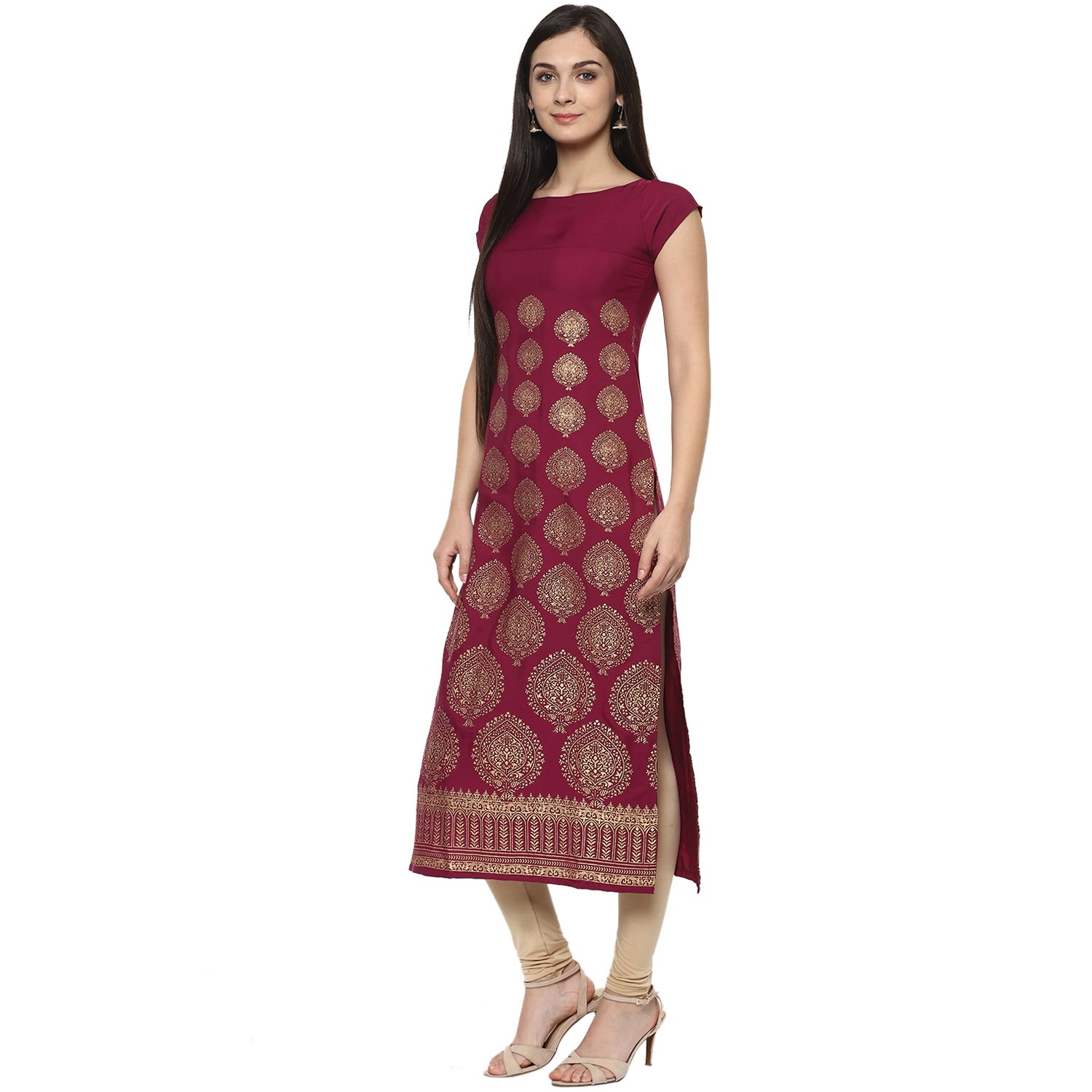 ives straight maroon crepe printed printed casual kurti for women