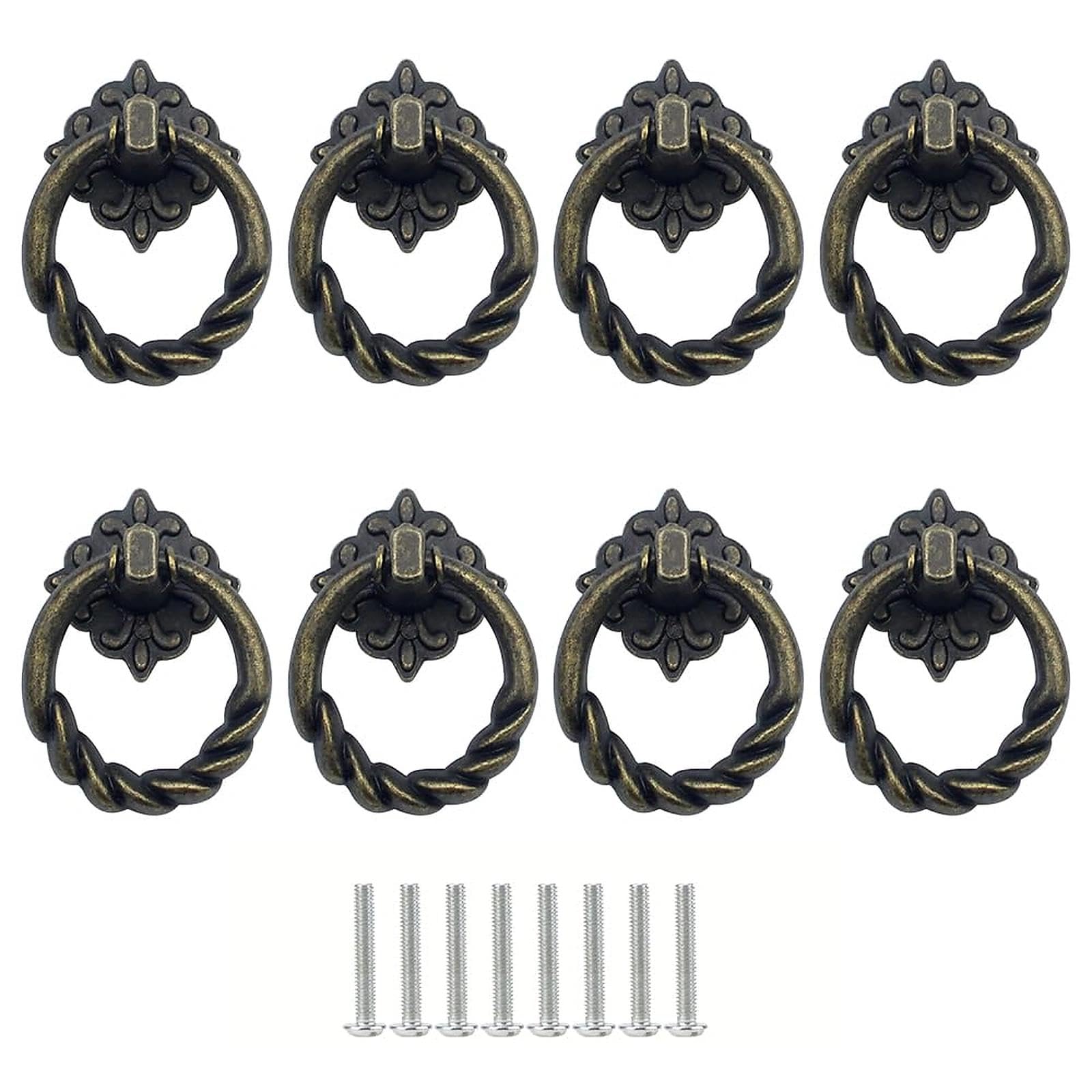 JaneYi 8 Piece Vintage Antique Drawer Handles - Single Hole Drop Ring Pull Handles Furniture Pull Ring Knobs with Screws for Kitchen Cupboard Cabinet Dresser Door - Bronze