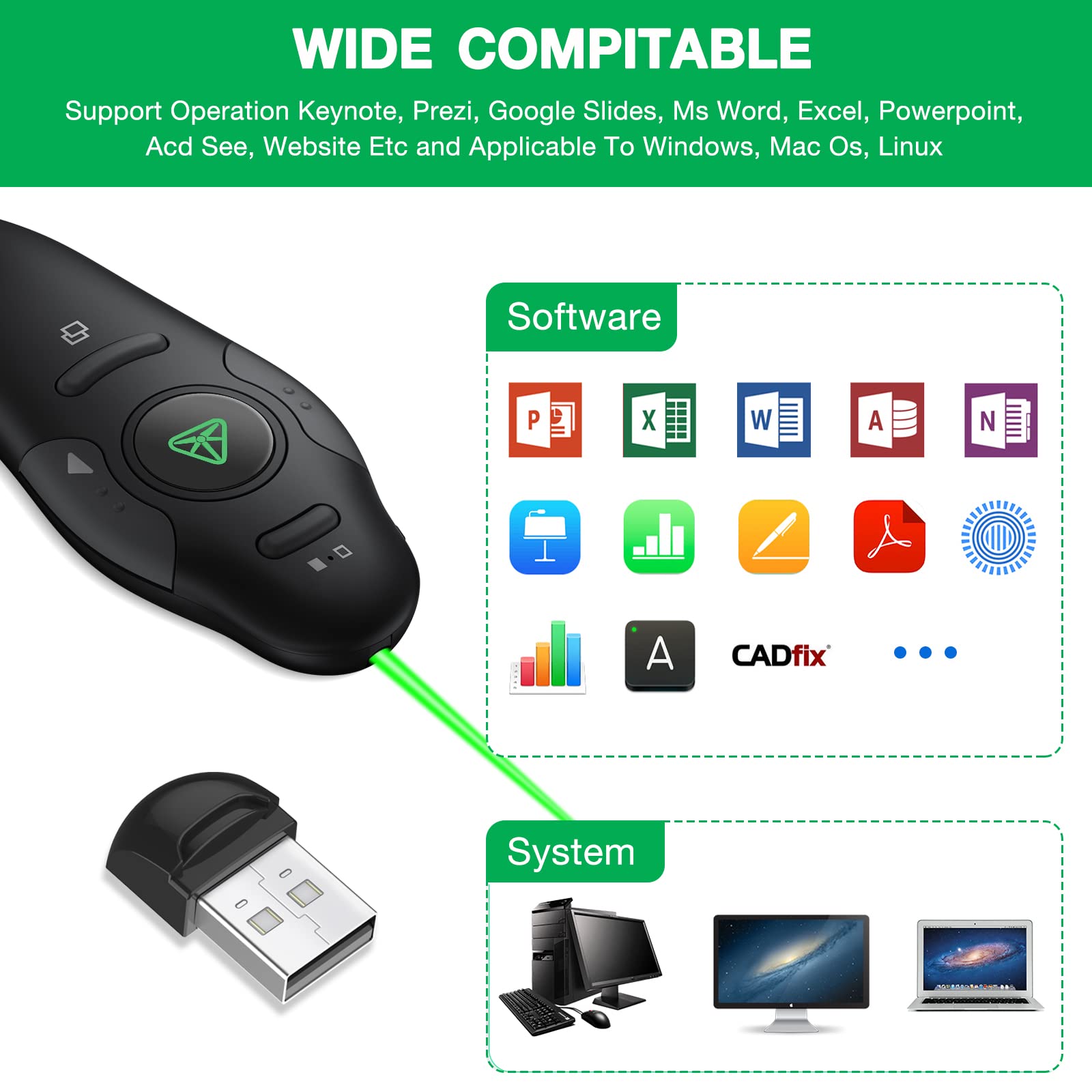 Rechargeable Presentation Clicker Wireless Presenter Remote USB Control Powerpoint PPT Clicker,Green Laser Pointer RF 2.4GHz Presenter Remote Google Slide Advancer for Computer/Laptop/Mac/Keynote