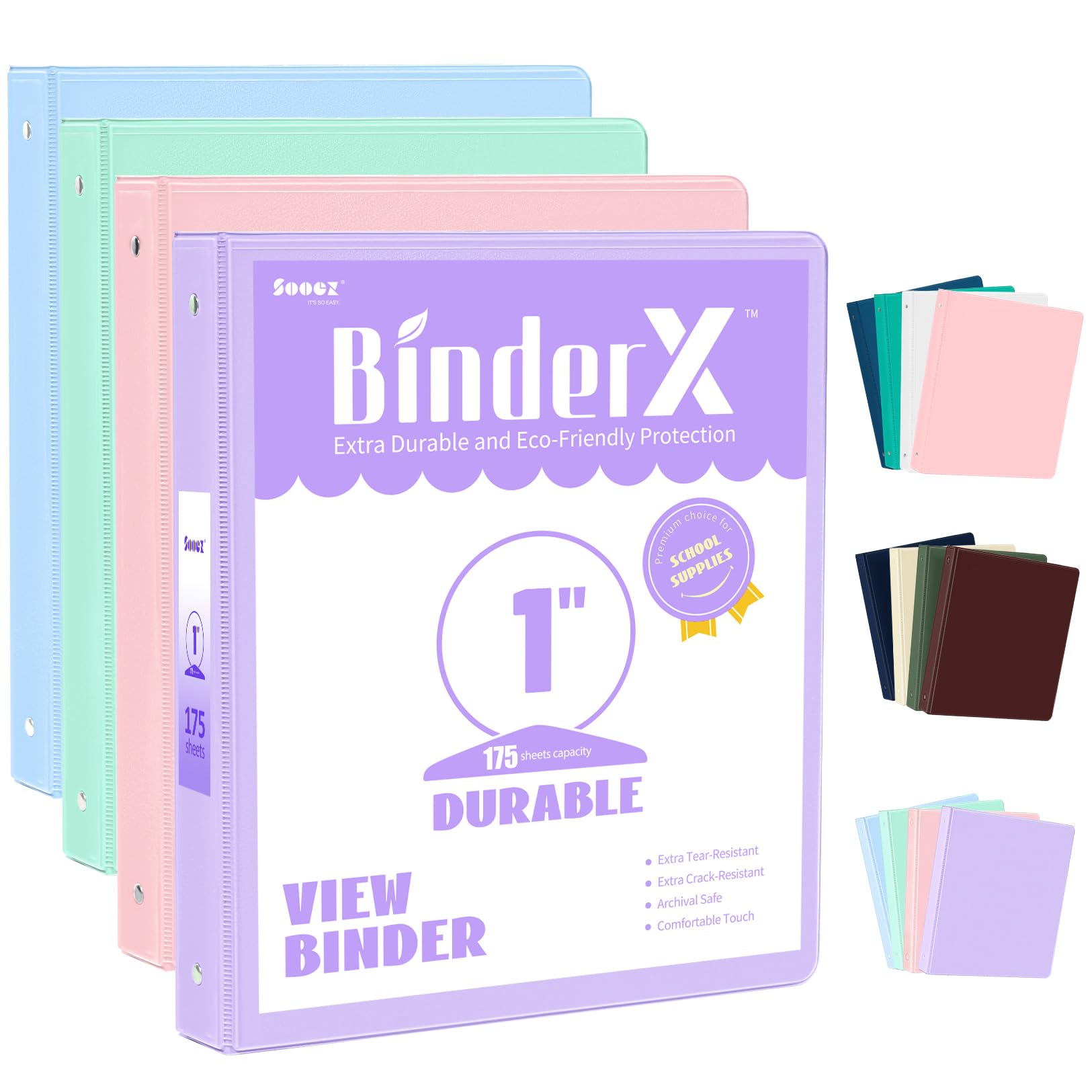 4 Pack 3 Ring Binders 1 Inch, Sooez Extra Durable