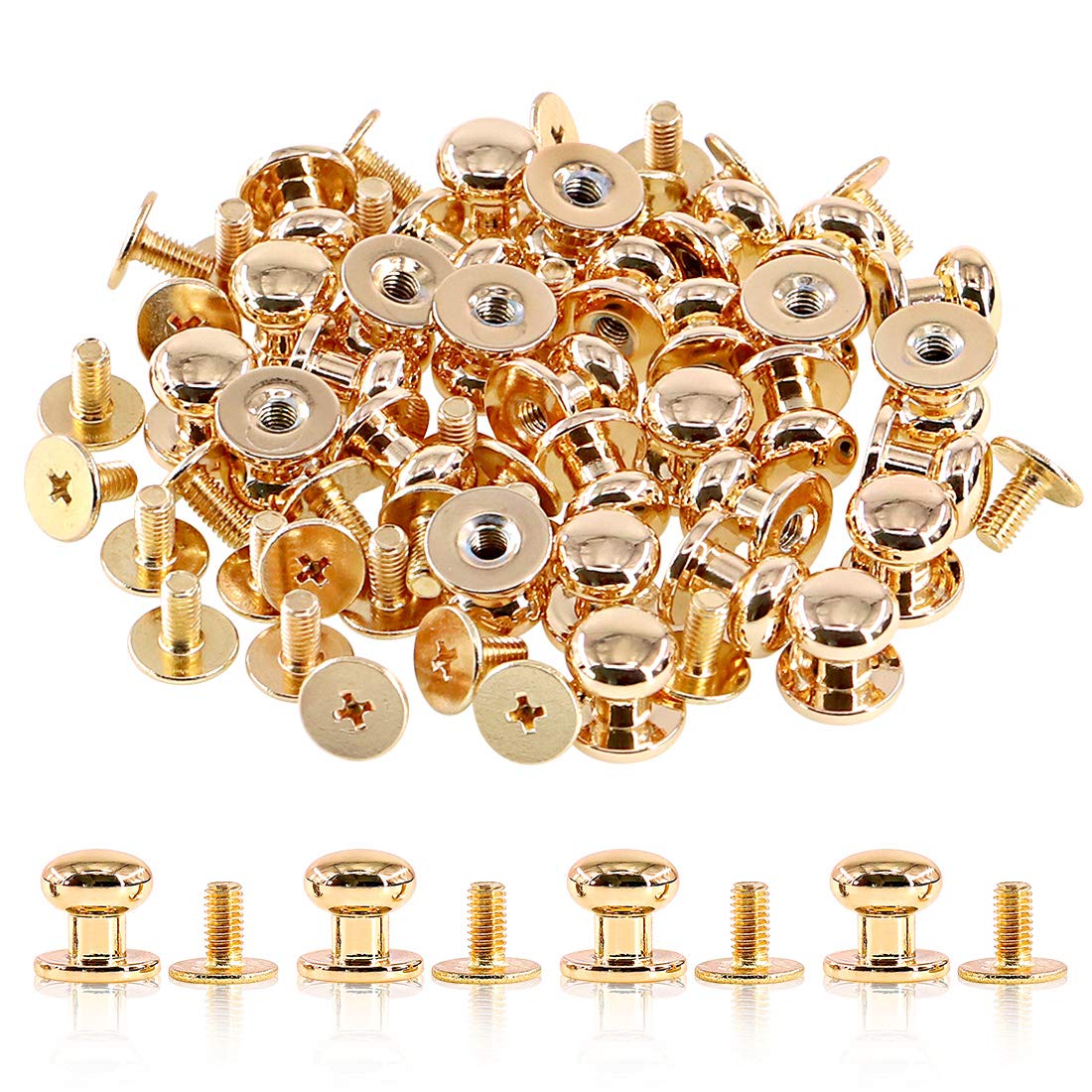Swpeet 30Sets Gold 8x10x10mm Chicago Screws Round Head Button Stud Slotted Screws Nail Rivet Leather Rivets Craft Belt for DIY Craft Leather Craft Repairs Decoration