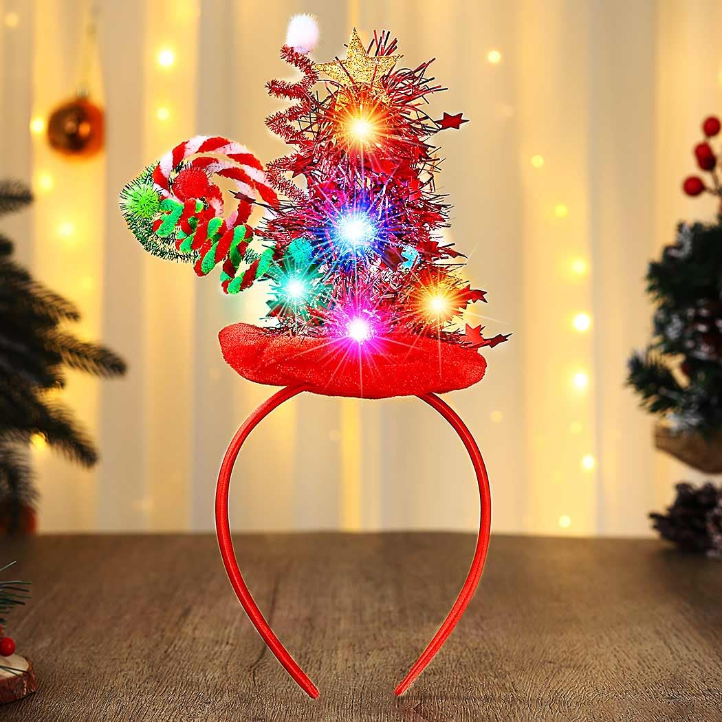 Zoestar Light Up Christmas Hat Headband LED Christmas Tree Headbands Glowing Xmas Headpiece Holiday Hair Accessories for Women (Red, One Size)