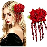 Halloween Hair Clips Red Rose Skeleton Hand Gothic Hair Accessories | Spooky Style for Costume Party, Cosplay, Fall Outfits