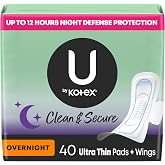 U by Kotex Ultra Thin Pads with Wings, Clean &amp; Secure, Overnight Absorbency, 40 Count (Packaging May Vary)