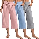 Locoowai 3 Pack Women's Capri Pants, Casual Wide Leg Yoga Pants High Waist Drawstring Cropped Lounge Trousers with Pockets