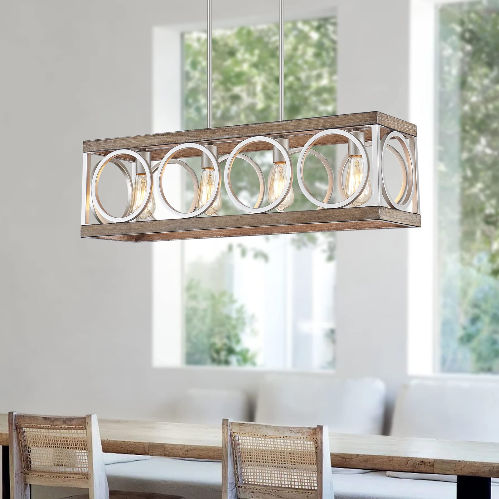 Photo 1 of ***MINOR DAMAGE*** XINGQI 31.5" Farmhouse Dining Room Chandeliers, Large Rectangle Vintage Hanging 4-Light Kitchen Island Lighting,Fixture Rustic Metal Pendant Light, Antique Wood Grain