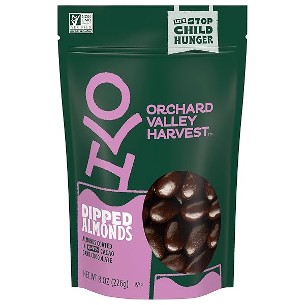 ORCHARD VALLEY HARVEST DARK CHOCOLATE DIPPED ALMONDS, GLUTEN FREE, NON-GMO, STAND UP BAG, NO ARTIFICIAL COLORS, FLAVORS OR PRESERVATIVES 8 OZ (PACK OF 1), ON-THE-GO SNACK FOR THE WHOLE FAMILY