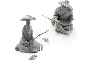 DUZFOREI 2PCS Sitting Fishing Figurines Sandstone Vintage Ornament Japanese Decor for Fish Tank Pot Garden Home Aquarium Mini Fisherman Statue Asian Zen Decoration