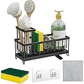 5 in 1 Kitchen Sink Caddy Organizer, Rustproof Stainless Steel Sink Caddy with Washing Cloth & Adhesive Hooks, Kitchen Sink Organizer with High Brush Holder, Sponge and Soap Holder for Kitchen Sink