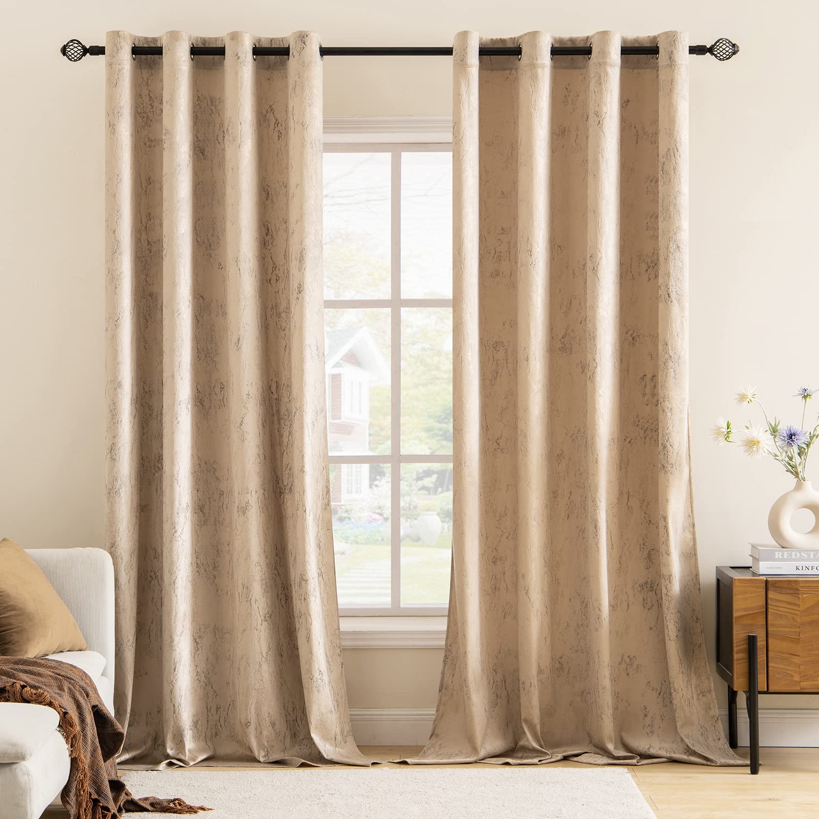 MIULEE Velvet Curtains 2 Panels Bronzing Room Darkening Thermal Insulated Glitter Curtain Pair Eyelet Drapes for Living Room Kids Bedroom Nursery 55" W x 102" L 140x260cm, Khaki