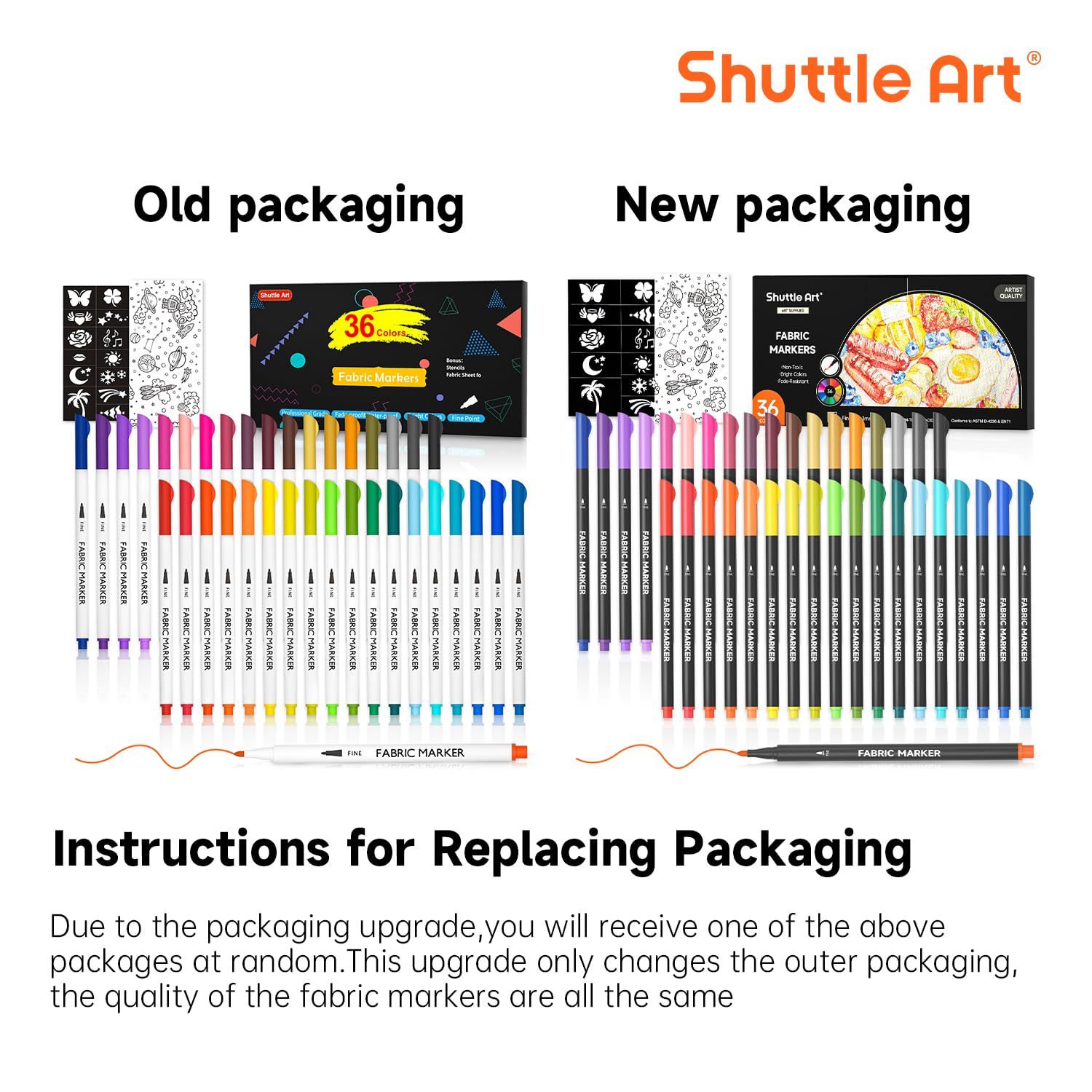 Shuttle Art 36 Colors Fabric Markers, Permanent Shirt Markers for Clothes Sneakers Jeans with 11 Stencils 1 Fabric Sheet, Fabric Pens for Kids Adult Painting Writing