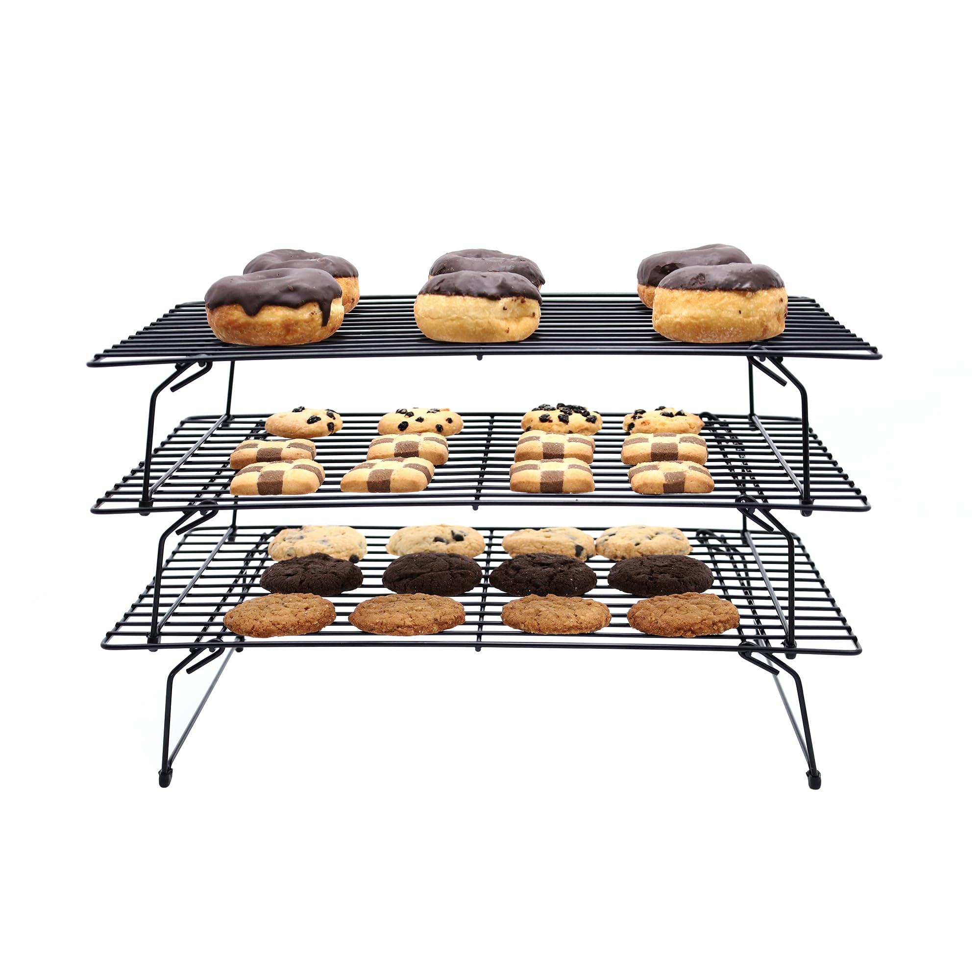 Buckingham 3 Tier Cooling Rack Stackable Non-Stick Durable Metal Wire Black Tray ideal for Cakes Cookies Pastries & Biscuits 40 cm