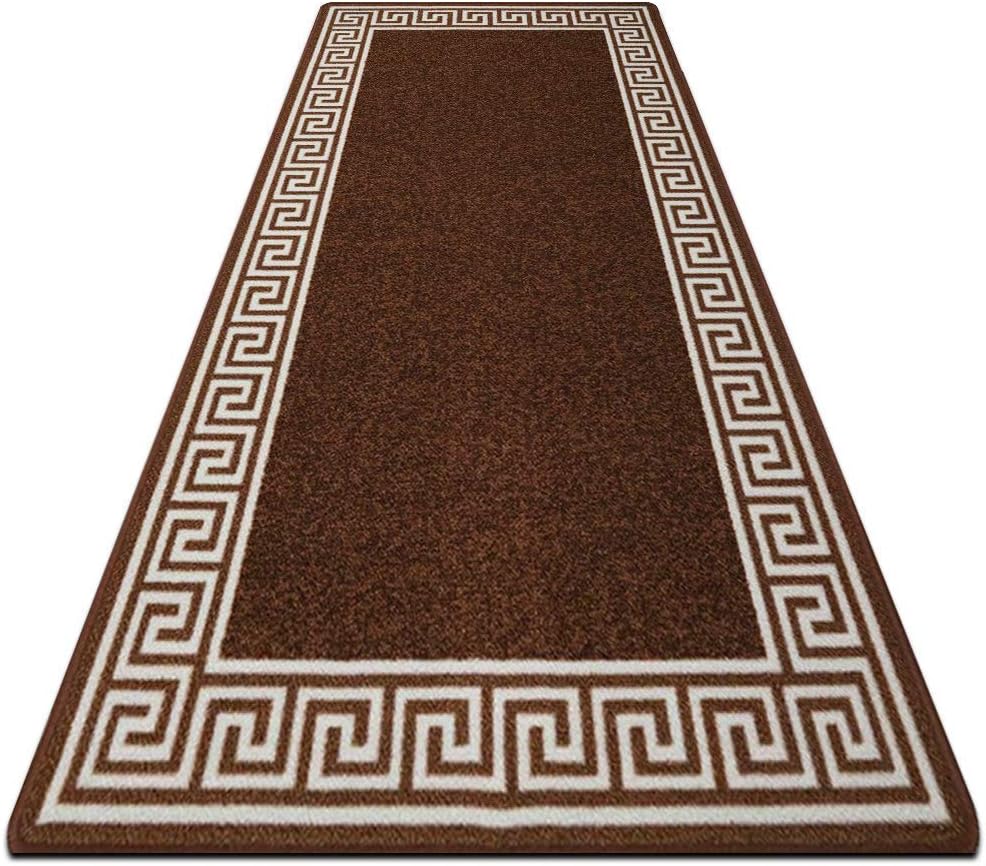 Carpet Runner for Hallways non slip Long - Inside/Outside Non Slip Home Décor Rugs Runners - 80 x 300cm (2ft 6" x 10ft) Brown Cream Greekey