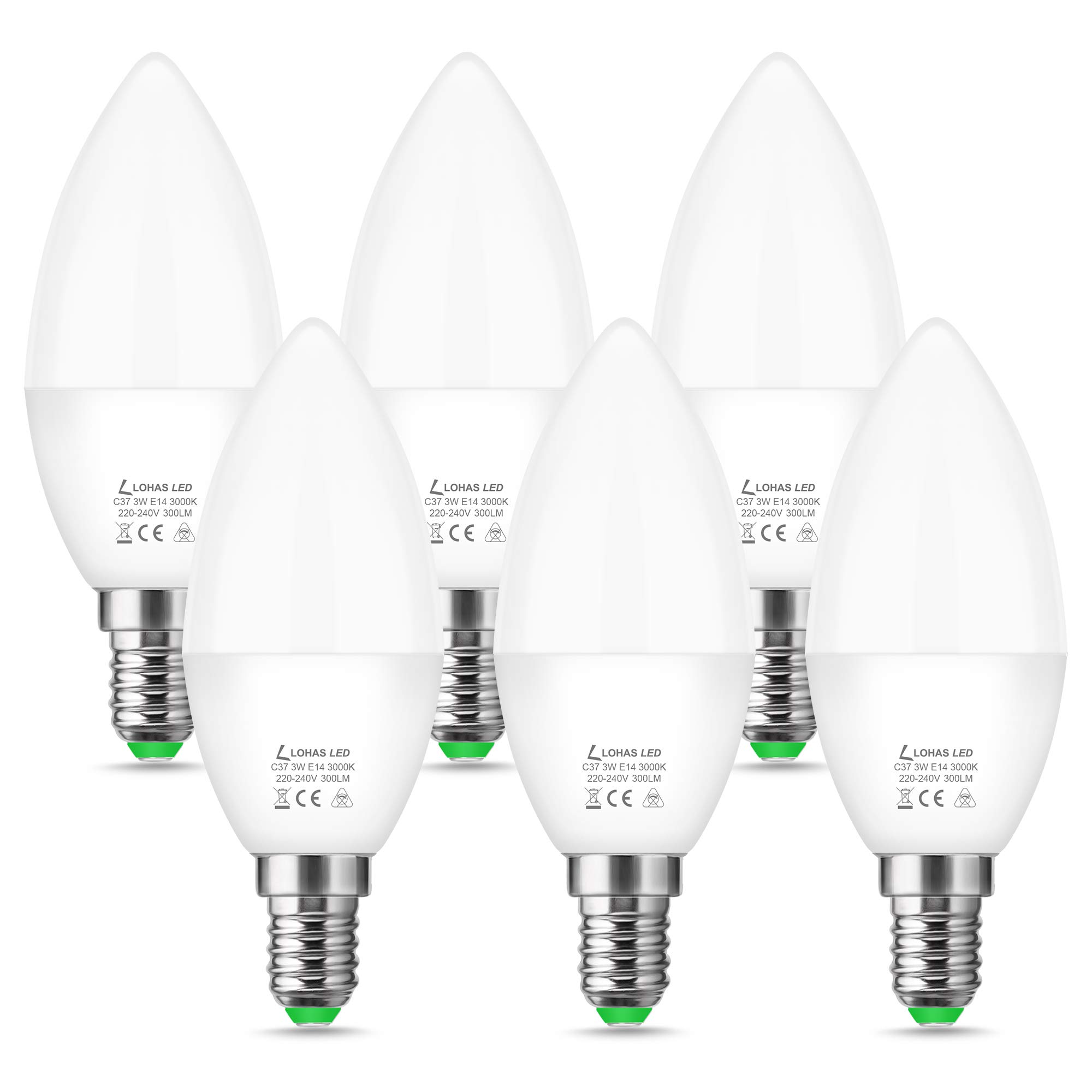 LOHAS-LED E14 LED Candle Lights, 3W C37 Small Edison Screw Light Bulb, 25W Incandescent Bulb Equivalent, 3000K Warm White, Non-Dimmable, 300LM, 180°Beam Angle, 220-240V, Pack of 6