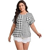 OYOANGLE Women's Plus Size Plaid Short Sleeve Blouse Crew Neck Pocket Front Gingham Tops