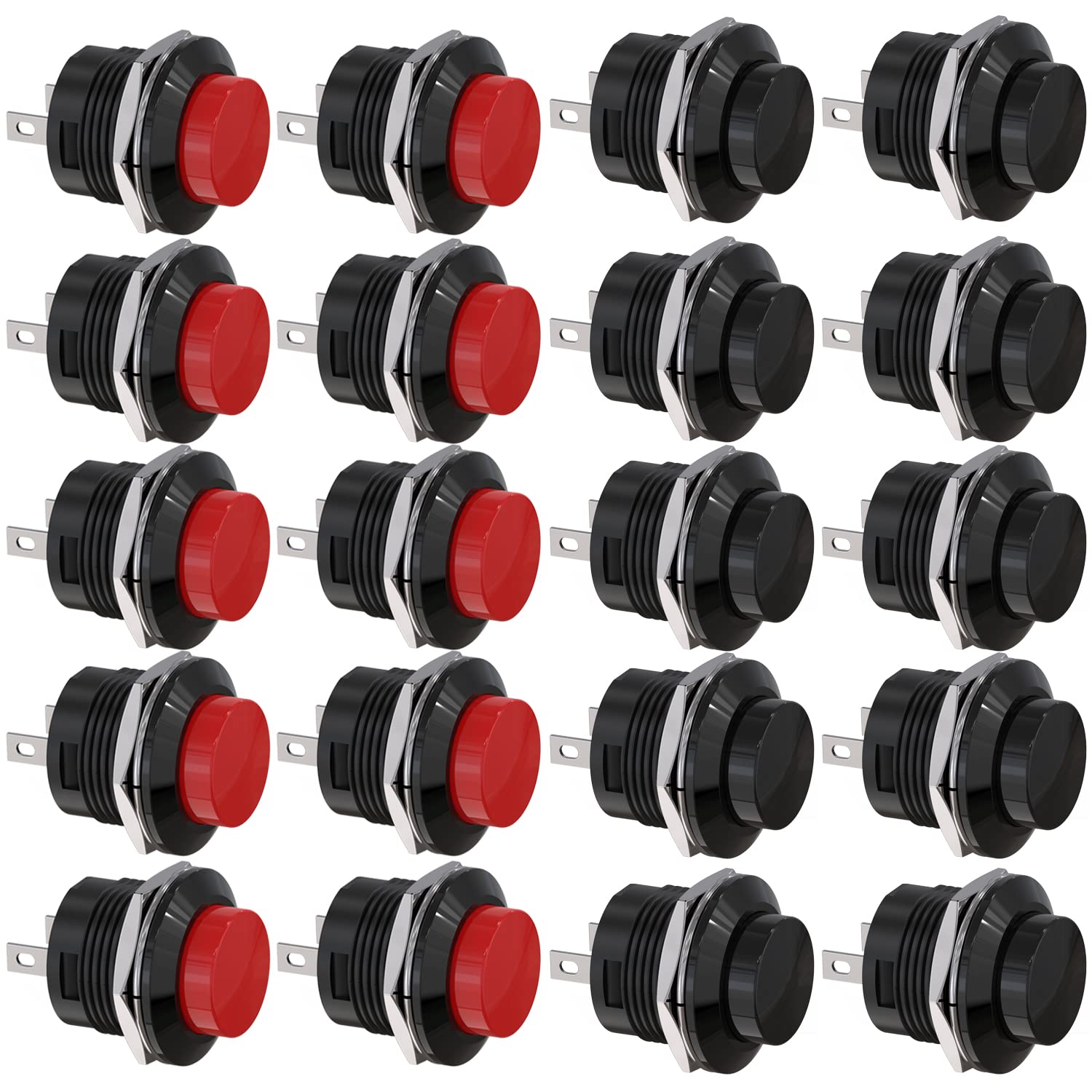 CLDIY SPST Mini Push Button Switch AC250V / 3A AC125V / 6A Without Locking Round Push Button Switch Red Black Cap Pack of 20