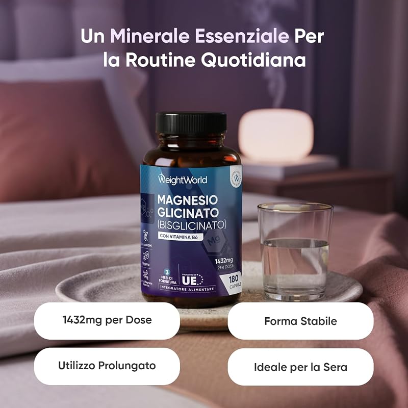 Magnesio Bisglicinato 1432mg per Dose con Vitamina B6, 180 Capsule, 3 Mesi