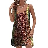 MIYIEONZ Women Sequin Sexy V Neck Shift Dress Sparkly Glitter Sleeveless Short Flowy Loose Party Night Out Club Dress