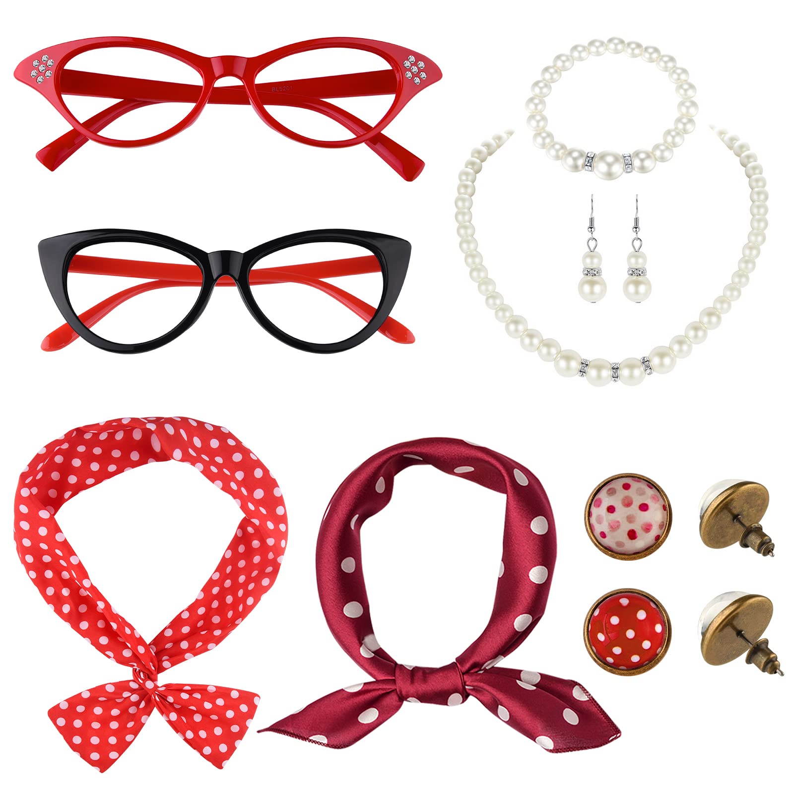 TUPARKA 12Pcs 50's Costume Accessories Set Includes Cat Eye Glasses Polka Dot Earrings and Scarf, Headband, Bracelet and Necklace for Party