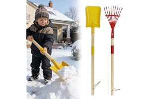 TINSKY 2 Pcs Kids Rake and Shovel Set,28" Toddler Size Metal Snow Shovel & Leaves Rake with Wooden Handle,Real Gardening Tools for Child Age 3 for Little Helpers in Winter Yard Fun