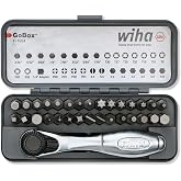 Wiha 74984 Standard Screwdriver Bit Set with Mini Ratchet, 32 Piece | Phillips, slotted, square, torx, metric and SAE hex bits; universal drive; heat-treated tips; metal case