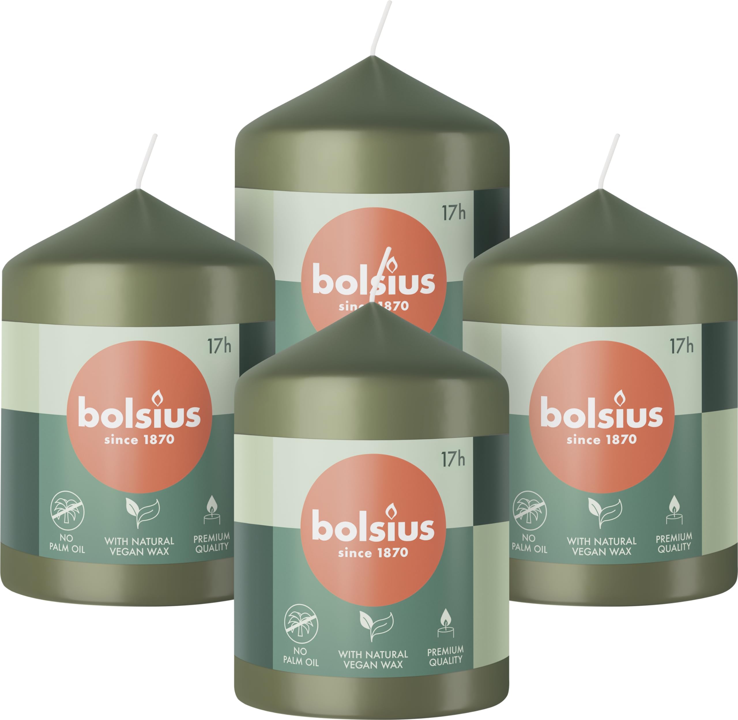 Bolsius Pillar Candles - Green - 4-Pack - 8 x 6 cm - Decorative Household Candles - Long Burning Time of 17 Hours - Unscented - Includes Natural Vegan Wax - Without Palm Oil