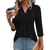 IECCP 3/4 Length Sleeve Womens Tops Dressy Casual Henley V-Neck Summer Tops Pleated T-Shirts Loose Fit Work Blouses