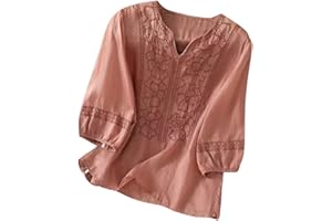 BWAYDEG Cotton Linen Shirts for Women 2025 Trendy Summer Retro Embroidered 3/4 Sleeve Boho Blouse Dressy Casual Vacation Top