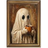 Licpach Gold Framed Halloween Wall Art Cute Ghost Drinking Coffee Canvas Print Vintage Autumn Fall Poster Spooky Kitchen Coffee Bar Decor Gothic Dark Academia Painting for Living Room Cafés 12x16inch