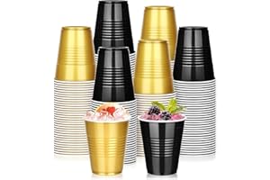 100 PCS 12 OZ Plastic Cups, Party Cups Black and Gold Cups Disposable Drinking Cup Bulk for Christmas Graduation Wedding Birt