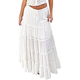 EG CHRIS G White Maxi Skirt for Women Casual Elastic Waist A-Line Pleated Summer Boho Beach Long Skirt