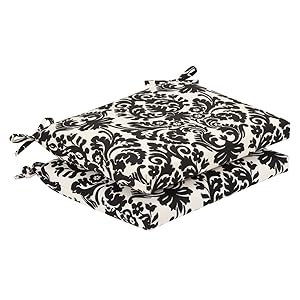 Pillow Perfect Indoor/Outdoor Black/Beige Damask Seat Cushion, Squared, 2-Pack